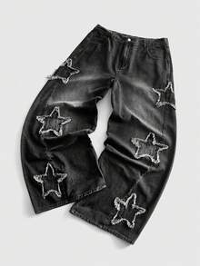 ROMWE MEN Anime Men's Plus Size Fashion Versatile Button Pocket Frayed Hem Jeans - Black - View 1