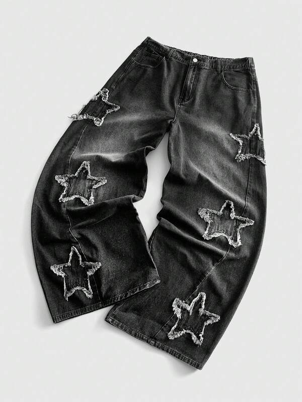 ROMWE MEN Anime Herren Jeans in großen Größen, modisch und vielseitig, mit Knöpfen, Taschen und ausgefranstem Saum
