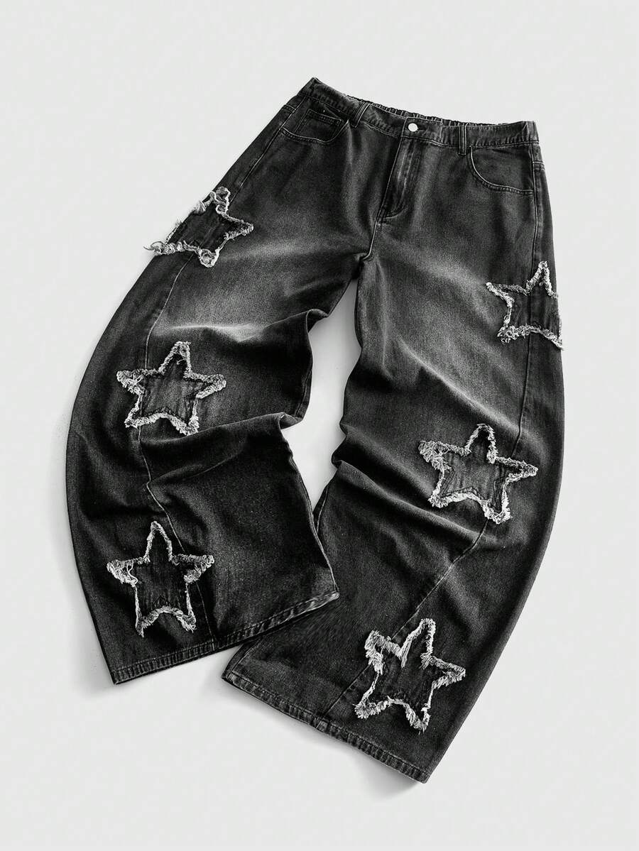 ROMWE MEN Anime Men's Plus Size Fashion Versatile Button Pocket Frayed Hem Jeans - Black - View 1