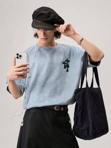 Loose Fit Men's Drop Shoulder Cross Embroidery Vintage T-Shirt, 2000s Style - Dusty Blue - View 1