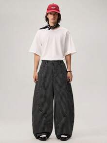 Men's Woven Casual Loose Straight Leg Solid Color Pants - Black - View 6