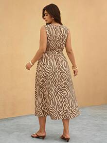 Elaquor Plus Size Vacation Fashion Zebra Print Tie Front V-Neck Dress - Multicolor - View 2