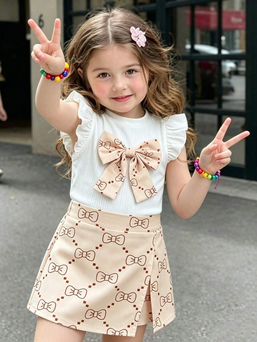 SHEIN Vintaside Kids 6-9M-2-3Y 嬰兒女童兩件套,甜美蝴蝶結裝飾飛袖圓領上衣與彈性腰頭蝴蝶結印花開衩短褲,適合日常穿著、派對及其他場合 - 卡其色 - 查看 1
