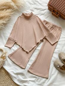 SHEIN Vintaside Kids 2件組少女復古風棕色羅紋套裝，親膚柔軟面料，圓領上衣珍珠裝飾燈籠袖，喇叭褲，生日秋季穿搭 - 卡其色 - 查看 3