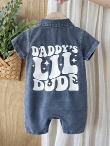 SHEIN Vintaside Kids 男嬰夏季卡通文字短袖連身衣連身褲 - 藍白色 - 查看 1