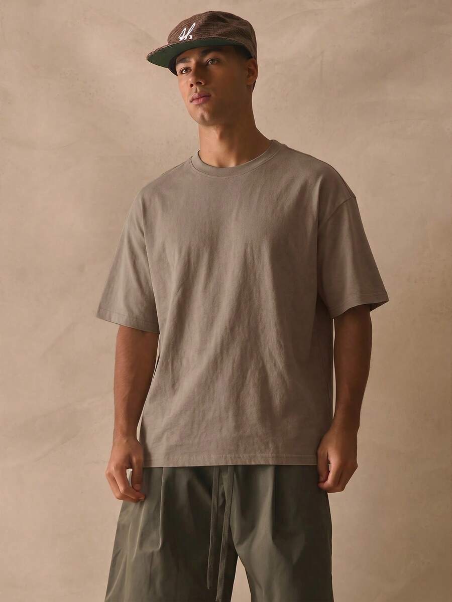 Musero Oversized Crew Neck Drop Shoulder Tee, Slogan Graphic Print Short Sleeve, Spring Summer Essential To - Khaki - View 1