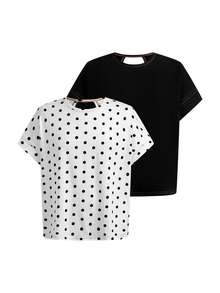 SHEIN Tween女孩春夏兩件套休閒時尚背後交叉露背對比線條設計圓領肩連袖短袖寬鬆版型T恤，返校季，親子套裝，兒童黑色波點 - 黑與白 - 查看 9
