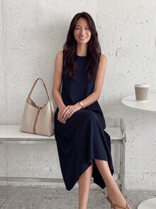 EMERY ROSE 女款圓領雙口袋A字版型無袖休閒寬鬆優雅通勤復古風洋裝，春/夏 - 藏蓝色 - 查看 4