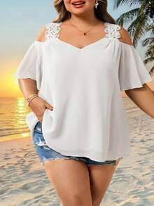SHEIN CURVE+ Women's Plus Size Summer Vacation Solid Color Off-Shoulder Casual Short Sleeve Shirt Vacation White - White - View 8