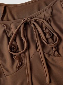 SHEIN MOD 女款復古熱帶性感歐式無袖洋裝，圓領、打結上身與百褶細節設計，適合海灘度假夏季 - 棕色 - 查看 6