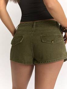 SHEIN BAE 女款夏季休閒水洗雙排扣牛仔短褲 - 軍綠色 - 查看 2