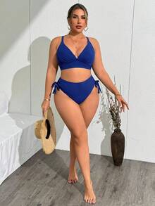 Swim Vcay 大尺碼女款夏季海灘純色比基尼三角褲兩件式泳衣套裝 - 藍色 - 查看 6