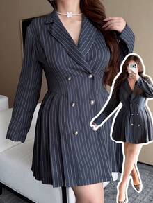 Vibekara Plus Size Women's Striped Pleated Casual Daily Wear Dress Fall - Dark Grey - View 7