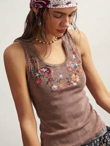 Bohemela Casual Boho Solid Color Knit Sleeveless Fitted Embroidered Tank Top For Women Vacation Brown Floral Summer - Brown - View 2