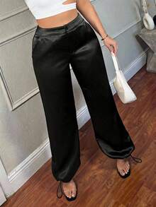 SHEIN SXY Streetwear Spring Festival Clothing Satin Work Pants Women Trousers With 3D Pockets - Black - View 3