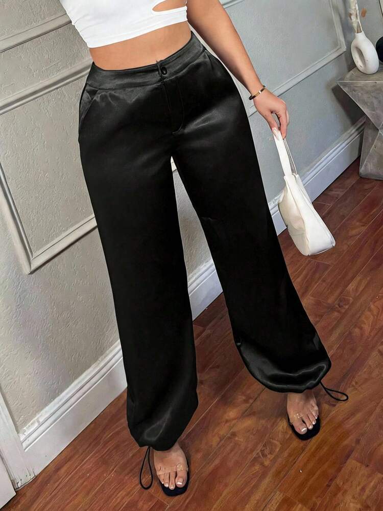 SHEIN SXY Streetwear Spring Festival Clothing Satin Work Pants Women Trousers With 3D Pockets - Black - View 3