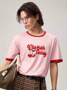Men's Summer Cherry Letter Print Crew Neck Short Sleeve Casual T-Shirt - Pink - View 1