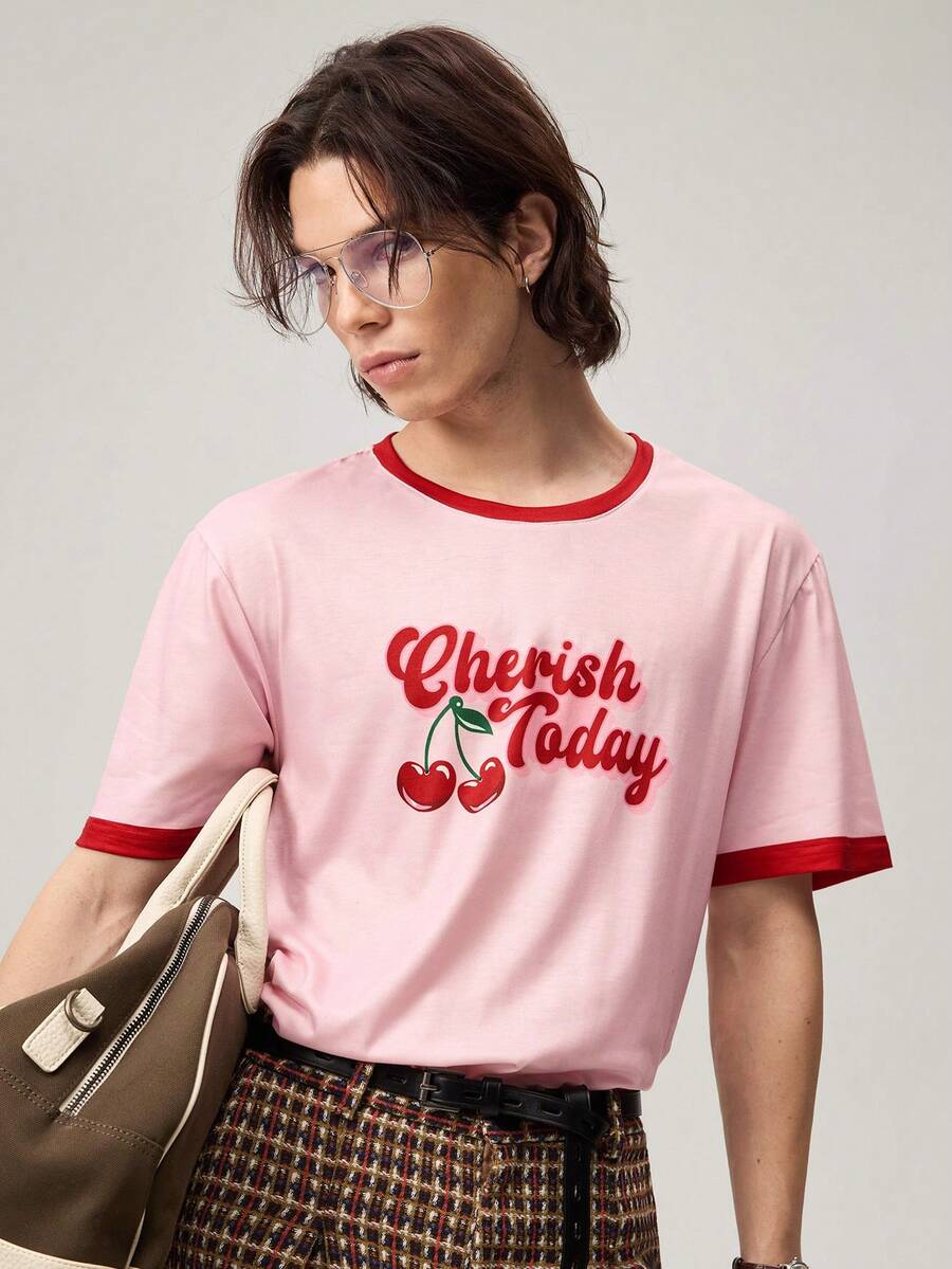 Men's Summer Cherry Letter Print Crew Neck Short Sleeve Casual T-Shirt - Pink - View 1