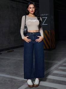 Jeanoix 大码女式休闲百搭毛边口袋牛仔裤 - 深色水洗藍 - 查看 3