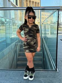 Cozy Pixies 女婴休闲圆领V领短袖街头迷彩印花连衣裙 - 彩色 - 查看 7