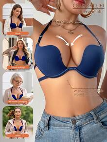 SHEIN 1pc Women's Sexy Minimalist Solid Color Underwire Plunge Back Halter Bra - Blue - View 4