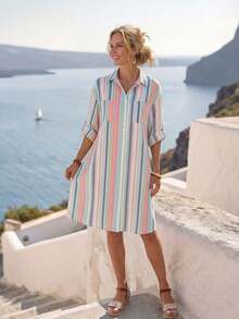 SHEIN LUNE Đầm sơ mi nữ phong cách vintage họa tiết sọc màu sắc, tay xắn, cài nút trước - Nhiều màu - Xem 5