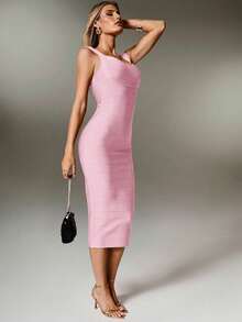 Nuvra Gaun Pesta Midi Bodycon Rajut Bergaris Burgundy dengan Potongan Pinggang Pas untuk Wanita - Baby Pink - View 5