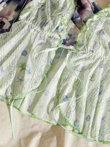 Lullawish 2pcs Bohemian Vacation Style Ocean Animal Flower Plant Print Ruffle Trim Women's Pajama Top - Multicolor - View 4