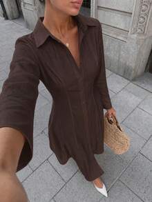 COSMINA Women's Casual Versatile Long Shirt Dress - Brown - View 1