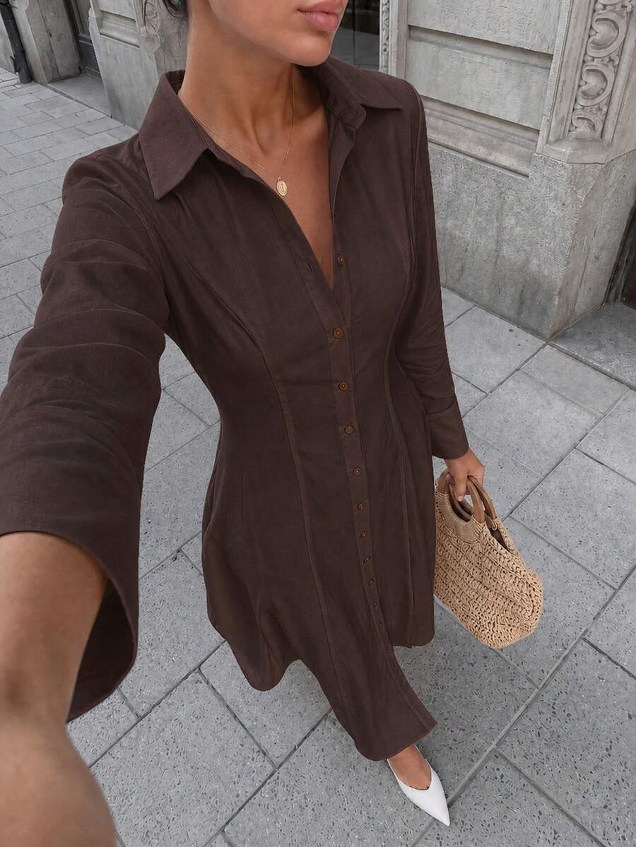COSMINA Women's Casual Versatile Long Shirt Dress - Brown - View 1
