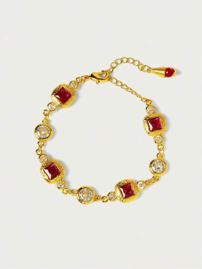 Glisma Gorgeous Ruby Square Diamond Bracelet,Premium/Old Money/Classy,Sexy/Vintage,Summer/Beach/Prom/Party,For Mom/Women/Girl/Mother,Layered/Gemstone/Beaded/Crystals