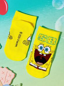 SpongeBob SquarePants | SHEIN 2雙加厚柔軟吸汗可愛卡通圖案兒童短襪 - 淺黃 - 查看 3