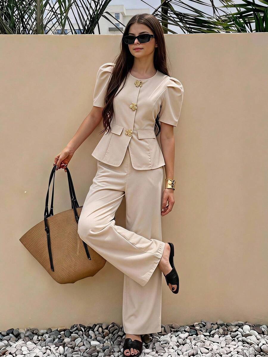 SHEIN Sparklyn Teen Girls 2pcs/Set Summer Elegant Metal Decor Petal Sleeve Blouse & Pants Set Back To School,Girls Outfit Sets, Fall, Autumn, Winter, Cardigan - Apricot - View 1