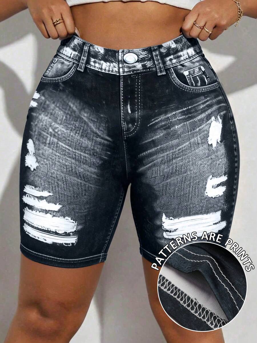 Maweii Plus Size Women Casual Pocketed Button Distressed Shorts, Versatile For Daily Wear - Multicolor - View 1