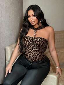NU&NOW Plus Size Women's Hollow Leopard Print Camisole,Brown,Summer,70's,Night Out Club,Party,Metal Buckle Decor Spaghetti Strap Ruched Bust - Multicolor - View 7