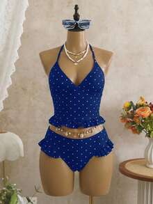 Sunnyshic Women's Vacation Beach Polka Dot Print Tankini Set - Navy Blue - View 5