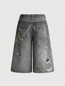 ROMWE Women's Distressed Washed Chain Badge Print Wide Leg Jeans - Black - View 2