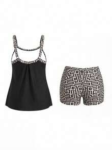 Swim Lushoire Plus Size Geometric Print Tankini Swimwear Set For Summer Beach Vacation - Black and White - View 9