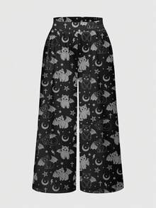 ROMWE Goth 大尺碼女款全印花休閒百搭日常穿著長褲 - 黑色 - 查看 1