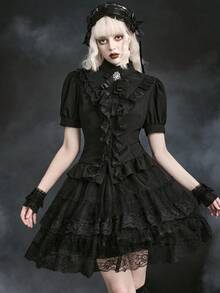 ROMWE Dark Gothic Court Style Lace Trim Stand Collar Petal Sleeve Slim Fit Blouse - Black - View 5