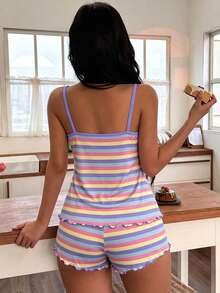 SHEIN Casual Underwear&Sleepwear 女款彩色條紋印花細肩帶上衣與短褲睡衣套裝 - 彩色 - 查看 2