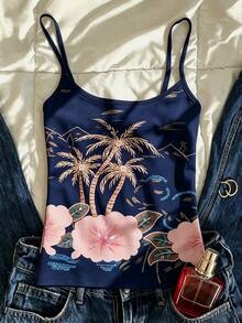 INAWLY Women's Casual Versatile Daily Wear Camisole Top With Coconut Tree & Floral Print - White - View 4