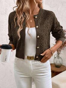 SHEIN Clasi Cardigan de punto calado con hombros caídos talla grande - Café integral - Ver 11