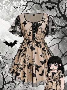 Sweetra Plus Size Spring/Summer Punk Butterfly Mesh Dark Lace-Up Dress - Black - View 1