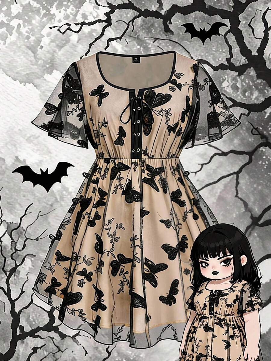 Sweetra Plus Size Spring/Summer Punk Butterfly Mesh Dark Lace-Up Dress - Black - View 1