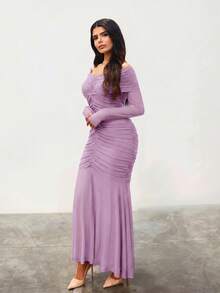 Hindelle Women's Elegant Solid Color Off-The-Shoulder Ruched Dress - Dusty Purple - View 2