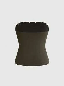 ROMWE Grunge Punk Grunge Style Distressed Vintage Streetwear Y2k Punk Metal Rivet Embroidered Tight Fitted Tube Top For Women Night Out Olive Green Summer Club Night - Army Green - View 2