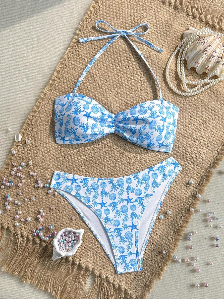 Swim Mod 花卉荷葉邊可愛甜美復古休閒度假海灘海邊女款泳衣套裝 - 藍白色 - 查看 1