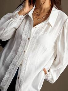 Nubod Plus Size Women's French Elegant Lace Patchwork Single-Breasted Blouse Fall - White - View 7