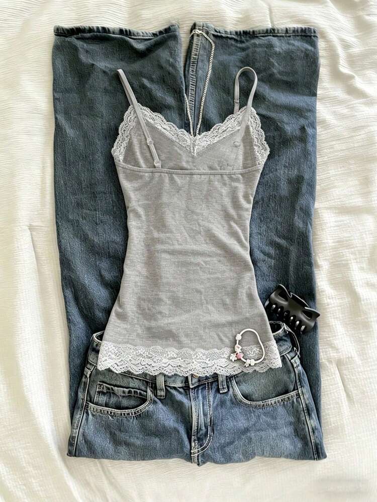 SHEIN Lace Patchwork Fitted Women Camisole - Light Grey - View 2
